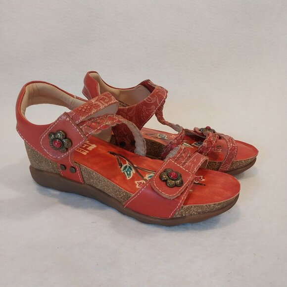 L'Artiste Spring Step Sandals Womens 7.5 Red Leather EU 38 Wedge Comfort Casual. - Picture 1 of 12